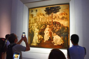 Floransa, İtalya. 17 Eylül 2023. Floransa 'daki ünlü Uffizi müzesinin heykelleri ve resimleri. Yüksek kalite fotoğraf