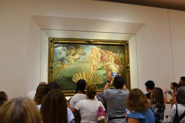 Floransa, İtalya. 16 Eylül 2023. Floransa 'daki Uffizi Müzesi' nin ünlü tabloları. Yüksek kalite fotoğraf