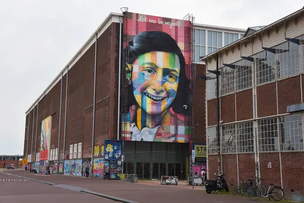 Amsterdam, Hollanda. 2 Temmuz 2024. Amsterdam 'daki NDSM rıhtımında Anne Frank' in duvar resmi. Yüksek kalite fotoğraf