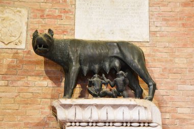 Siena, İtalya. 16 Eylül 2024 Remus ve Romulus, Roma, İtalya 'nın kurucuları. Yüksek kalite fotoğraf
