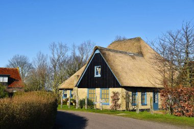 Oosterland, Hollanda. 5 Mart 2025. Sazdan çatılı orijinal bir Hollanda çiftlik evi. Yüksek kalite fotoğraf