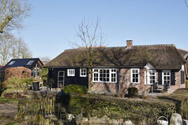 Giethoorn, Hollanda. 19 Mart 2025. Hollanda 'nın Giethoorn köyünde sazdan çatıları olan eski çiftlik evleri. Yüksek kalite fotoğraf