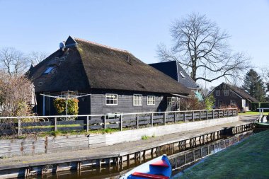 Giethoorn, Hollanda. 19 Mart 2025. Hollanda 'nın Giethoorn köyünde sazdan çatıları olan eski çiftlik evleri. Yüksek kalite fotoğraf