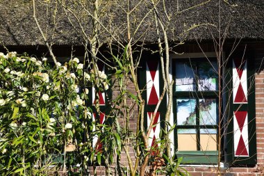 Giethoorn, Hollanda. 19 Mart 2025. Giethoorn 'daki bir çiftlik evinin kepenkleri ve sazdan çatısı. Yüksek kalite fotoğraf
