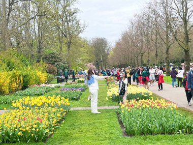 Lisse, Hollanda 'dan. 16 Nisan 2025. Hollanda 'nın en büyük bahar bahçesi olan Keukenhof' ta fotoğraf çeken turistler. Yüksek kalite fotoğraf
