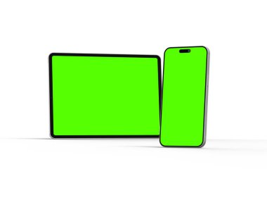 Açık arkaplanda yeşil ekranlı akıllı telefon ve tabletin 3D görüntüsü 