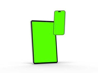 Açık arkaplanda yeşil ekranlı akıllı telefon ve tabletin 3D görüntüsü 