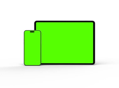 Açık arkaplanda yeşil ekranlı akıllı telefon ve tabletin 3D görüntüsü 