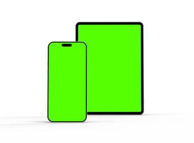Açık arkaplanda yeşil ekranlı akıllı telefon ve tabletin 3D görüntüsü 