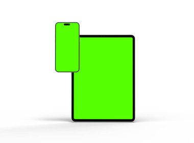 Açık arkaplanda yeşil ekranlı akıllı telefon ve tabletin 3D görüntüsü 