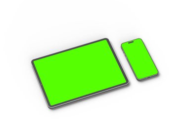 Açık arkaplanda yeşil ekranlı akıllı telefon ve tabletin 3D görüntüsü 