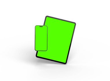 Açık arkaplanda yeşil ekranlı akıllı telefon ve tabletin 3D görüntüsü 