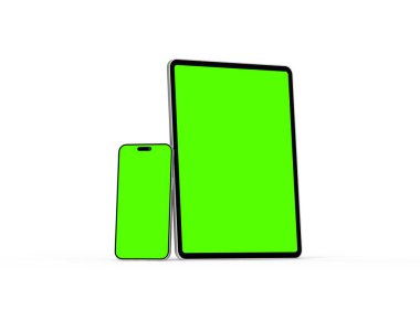 Açık arkaplanda yeşil ekranlı akıllı telefon ve tabletin 3D görüntüsü 