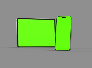 Koyu arkaplanda yeşil ekranlı akıllı telefon ve tabletin 3D görüntüsü 