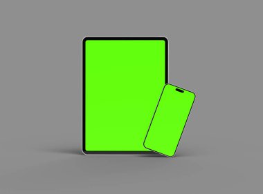 Koyu arkaplanda yeşil ekranlı akıllı telefon ve tabletin 3D görüntüsü 