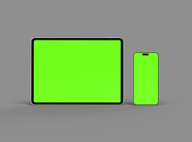 Koyu arkaplanda yeşil ekranlı akıllı telefon ve tabletin 3D görüntüsü 