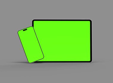 Koyu arkaplanda yeşil ekranlı akıllı telefon ve tabletin 3D görüntüsü 