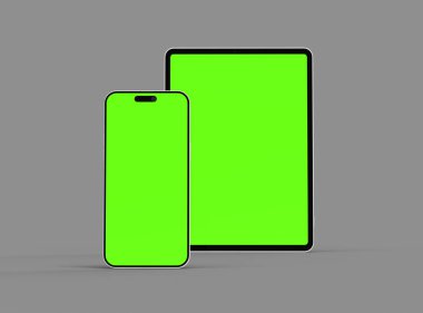 Koyu arkaplanda yeşil ekranlı akıllı telefon ve tabletin 3D görüntüsü 