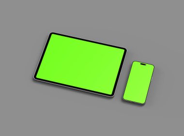 Koyu arkaplanda yeşil ekranlı akıllı telefon ve tabletin 3D görüntüsü 