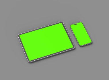 Koyu arkaplanda yeşil ekranlı akıllı telefon ve tabletin 3D görüntüsü 