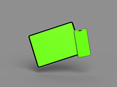Koyu arkaplanda yeşil ekranlı akıllı telefon ve tabletin 3D görüntüsü 