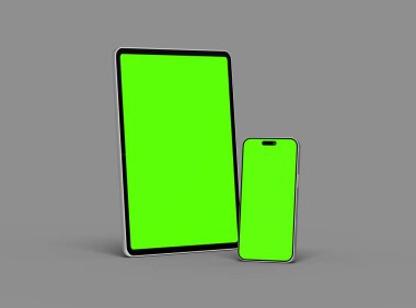 Koyu arkaplanda yeşil ekranlı akıllı telefon ve tabletin 3D görüntüsü 