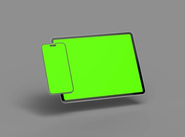 Koyu arkaplanda yeşil ekranlı akıllı telefon ve tabletin 3D görüntüsü 