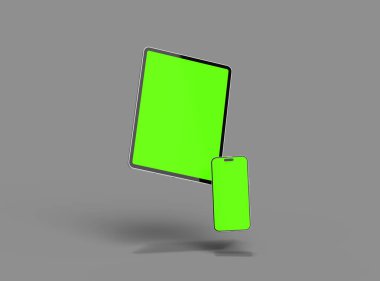 Koyu arkaplanda yeşil ekranlı akıllı telefon ve tabletin 3D görüntüsü 