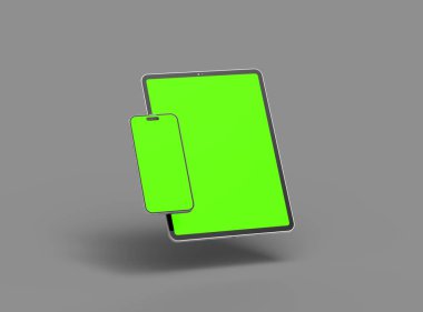 Koyu arkaplanda yeşil ekranlı akıllı telefon ve tabletin 3D görüntüsü 