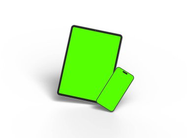 Açık arkaplanda yeşil ekranlı akıllı telefon ve tabletin 3D görüntüsü 