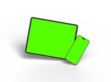 Açık arkaplanda yeşil ekranlı akıllı telefon ve tabletin 3D görüntüsü 
