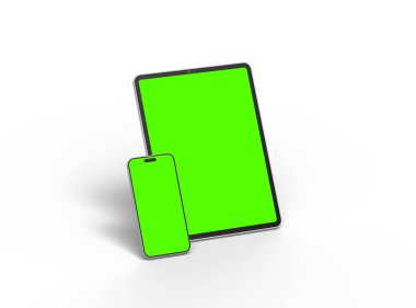 Açık arkaplanda yeşil ekranlı akıllı telefon ve tabletin 3D görüntüsü 