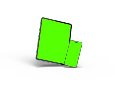 Açık arkaplanda yeşil ekranlı akıllı telefon ve tabletin 3D görüntüsü 