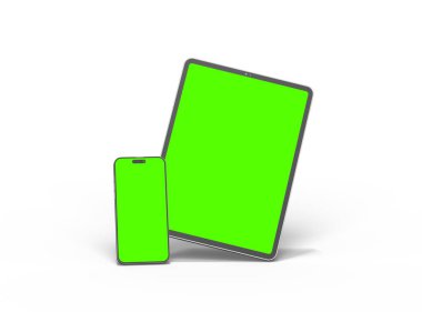 Açık arkaplanda yeşil ekranlı akıllı telefon ve tabletin 3D görüntüsü 