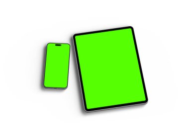 Açık arkaplanda yeşil ekranlı akıllı telefon ve tabletin 3D görüntüsü 