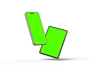 Açık arkaplanda yeşil ekranlı akıllı telefon ve tabletin 3D görüntüsü 