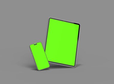 Koyu arkaplanda yeşil ekranlı akıllı telefon ve tabletin 3D görüntüsü 