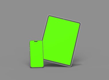 Koyu arkaplanda yeşil ekranlı akıllı telefon ve tabletin 3D görüntüsü 