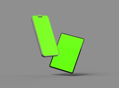 Koyu arkaplanda yeşil ekranlı akıllı telefon ve tabletin 3D görüntüsü 