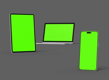 Gri arkaplanda dizüstü bilgisayar, tablet ve akıllı telefonun bir kopyası 