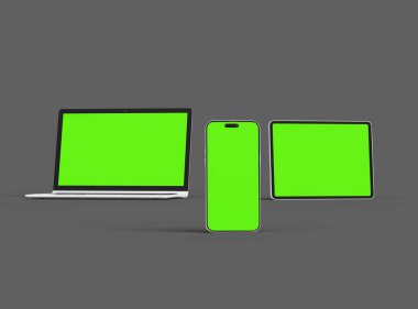 Gri arkaplanda dizüstü bilgisayar, tablet ve akıllı telefonun bir kopyası 