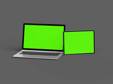 Koyu arkaplanda yeşil ekranlı dizüstü bilgisayarın ve tabletin 3d görüntüsü 