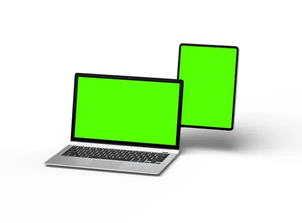 Weergave Van Laptop Tablet Met Groen Scherm Een Lichte Achtergrond — Stockfoto