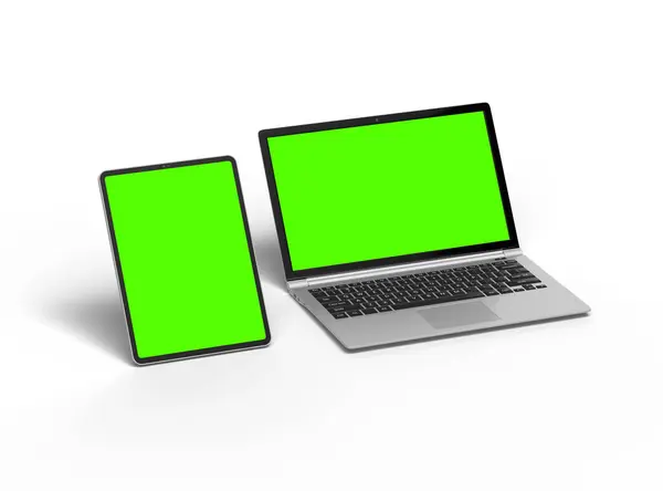 Weergave Van Laptop Tablet Met Groen Scherm Een Lichte Achtergrond — Stockfoto