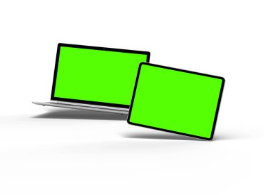 Açık arkaplanda yeşil ekranlı dizüstü bilgisayarın ve tabletin 3d görüntüsü 