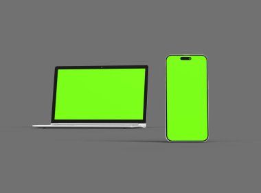Koyu arkaplanda yeşil ekranlı dizüstü bilgisayar ve telefonun 3 boyutlu görüntüsü 
