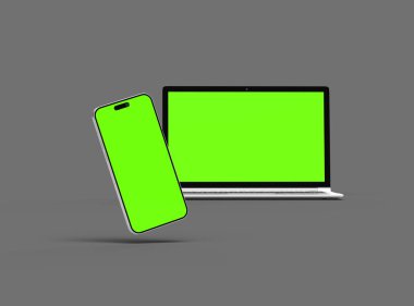 Koyu arkaplanda yeşil ekranlı dizüstü bilgisayar ve telefonun 3 boyutlu görüntüsü 