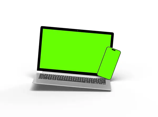 Render Van Laptop Telefoon Met Groen Scherm Een Lichte Achtergrond — Stockfoto