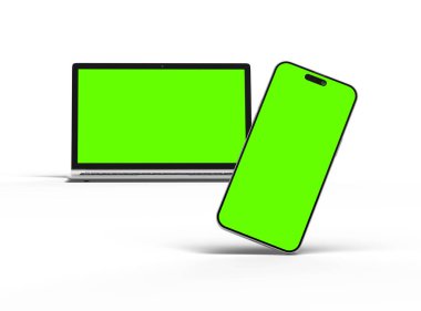 Diz üstü bilgisayar ve telefonun yeşil ekranlı üç boyutlu görüntüsü 