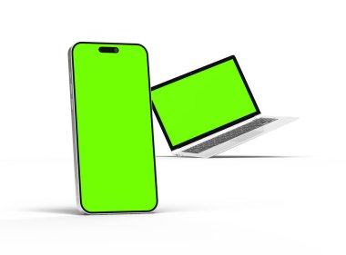 Diz üstü bilgisayar ve telefonun yeşil ekranlı üç boyutlu görüntüsü 